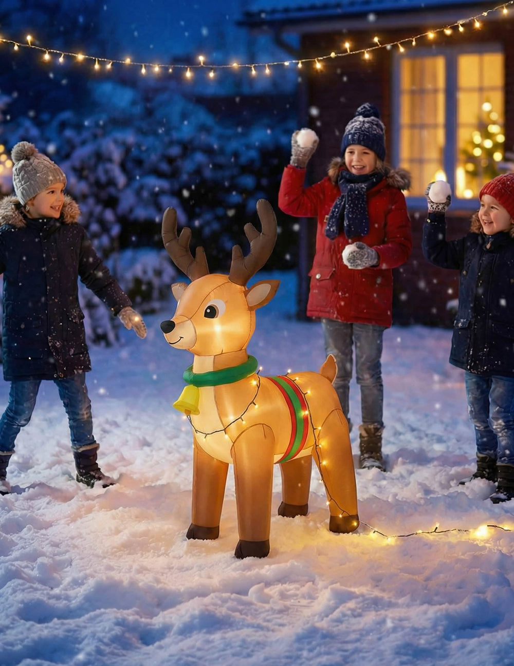 joulupukin carry me ja valaiseva poro puutarhakoristeeksi, ruskea vihreällä kaulapannalla ja keltaisella kulkusella
