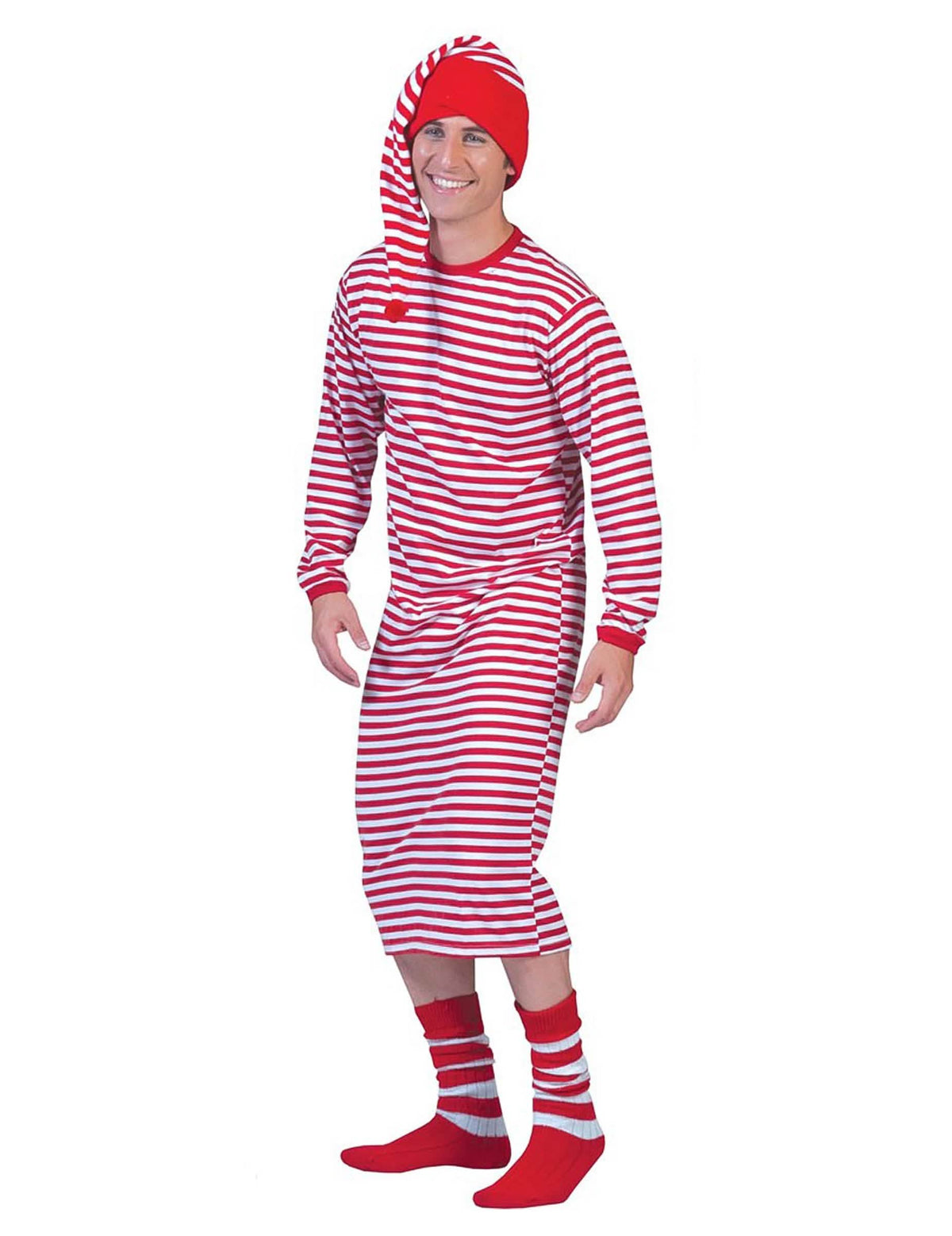 Pitkän puna-valkoraidallisen mekon päällä pitämänä miehet näkemä