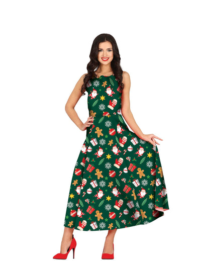 Robe longue à motifs Noël pour femme verte avec imprimés Père Noël et pain d'épice