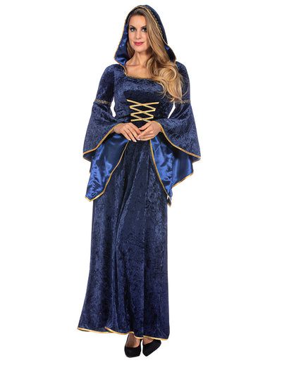 Robe médiévale longue à capuche bleu marine luxe femme