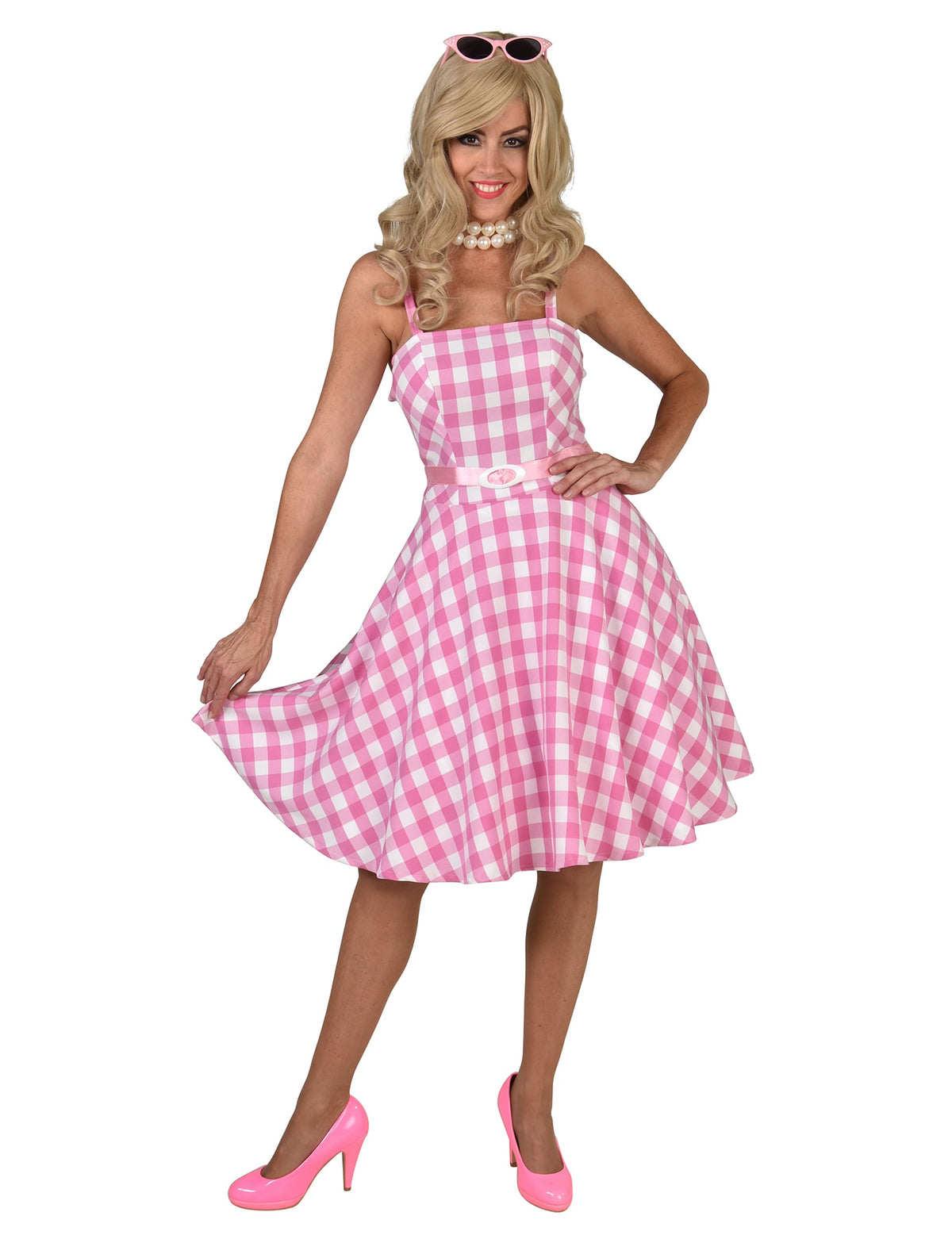 Pinkki 50-luvun ruudullinen nukkemekko naisille