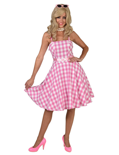 Pinkki 50-luvun ruudullinen nukkemekko naisille