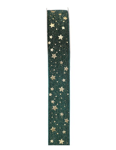 Havunvihreä nauha kultaisilla tähdillä 2,5 cm x 3 m