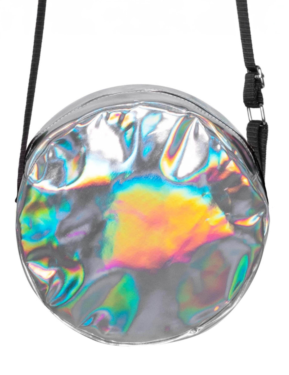 Pyöreän holografisen olkalaukun materiaalin lähikuva