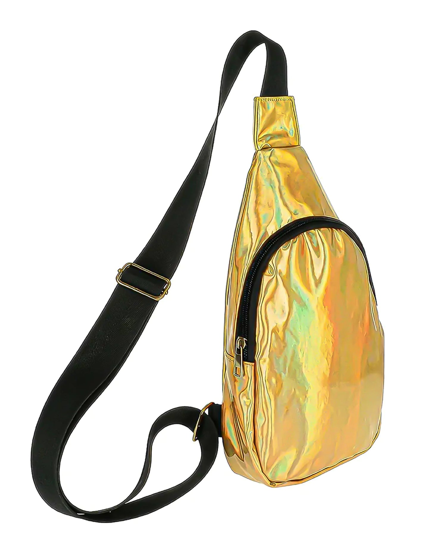 Vue de profil du sac bandoulière holographique or