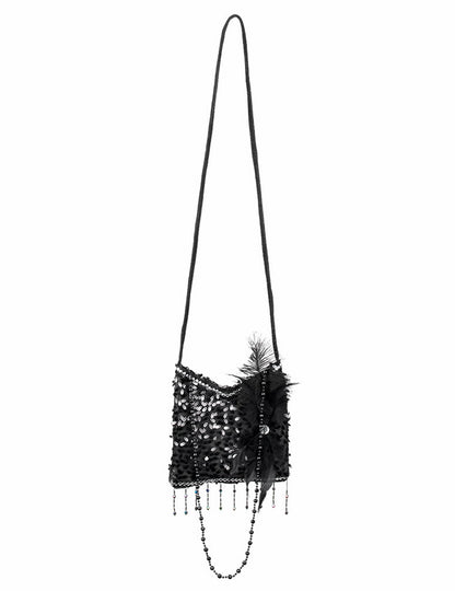 Sac charleston années 20 pour femme noir avec paillettes et plumes