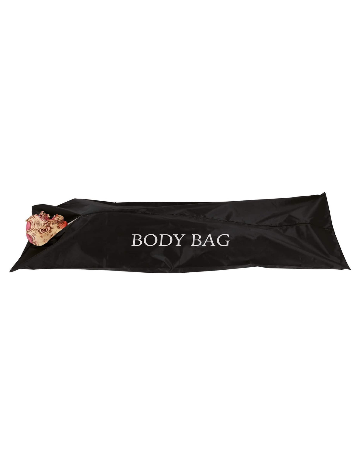 Détail de la tête de zombie dépassant du sac mortuaire de scène de crime