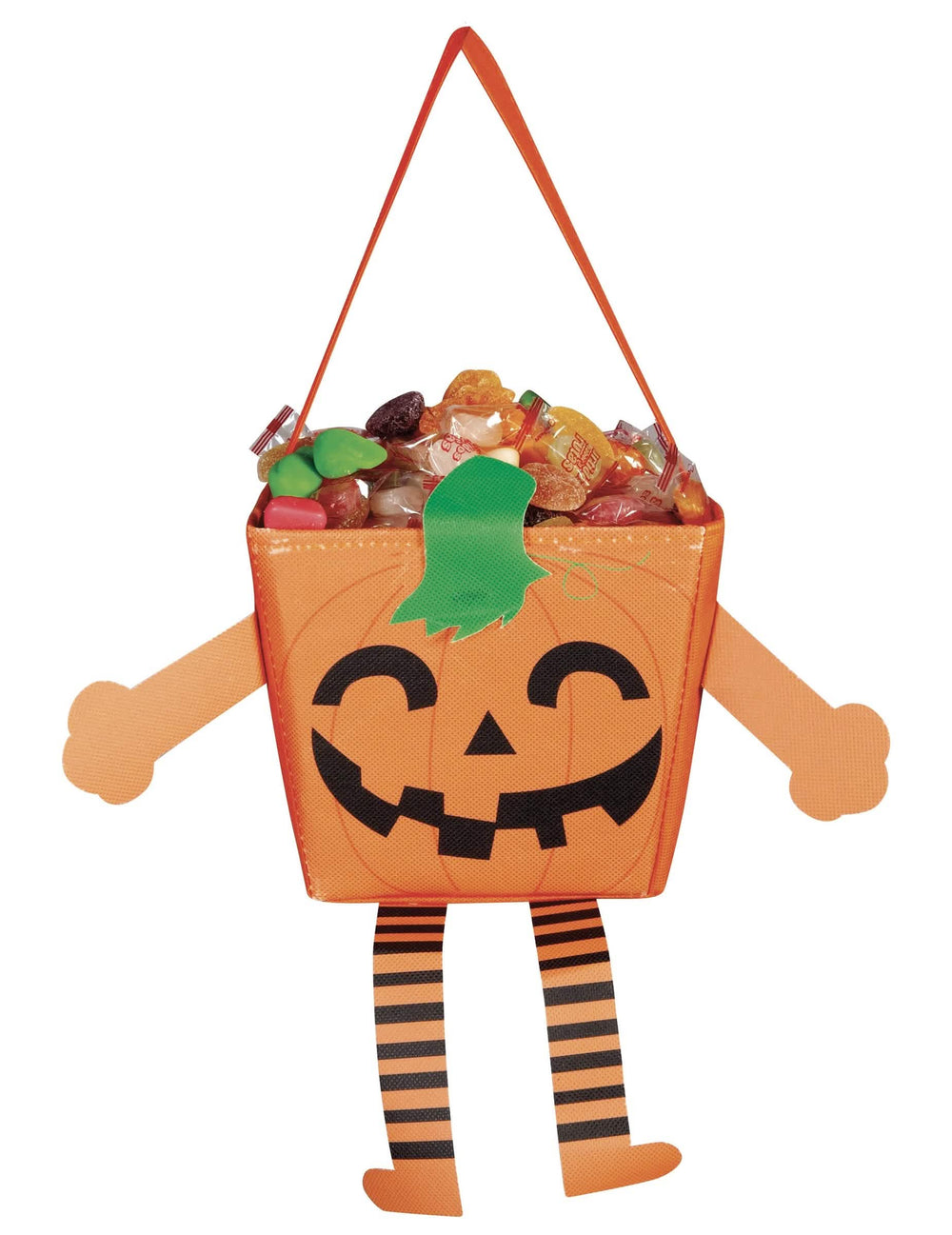 Pieni kurpitsat-pussi, jossa on käsivarret ja jalat lapsille, oranssi mustaraitaisilla jaloilla