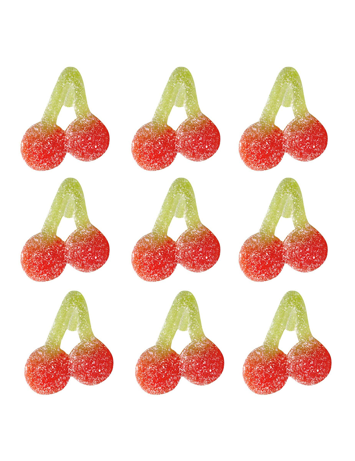 Détail des bonbons acidulés en forme de cerises du sachet de bonbons Cherry Pik Haribo