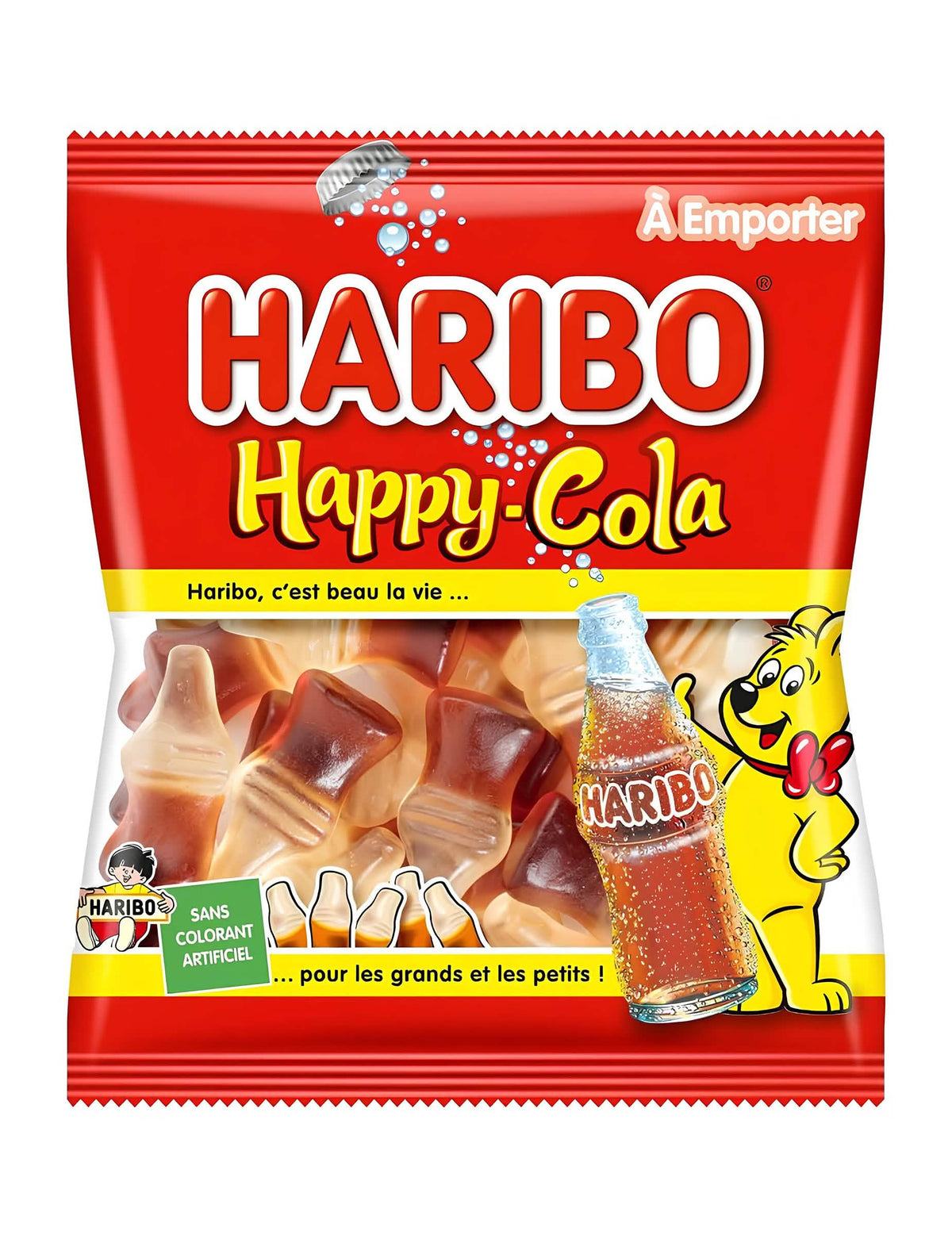 Sachet de bonbons Haribo Happy Cola pour petits et grands rouge et jaune