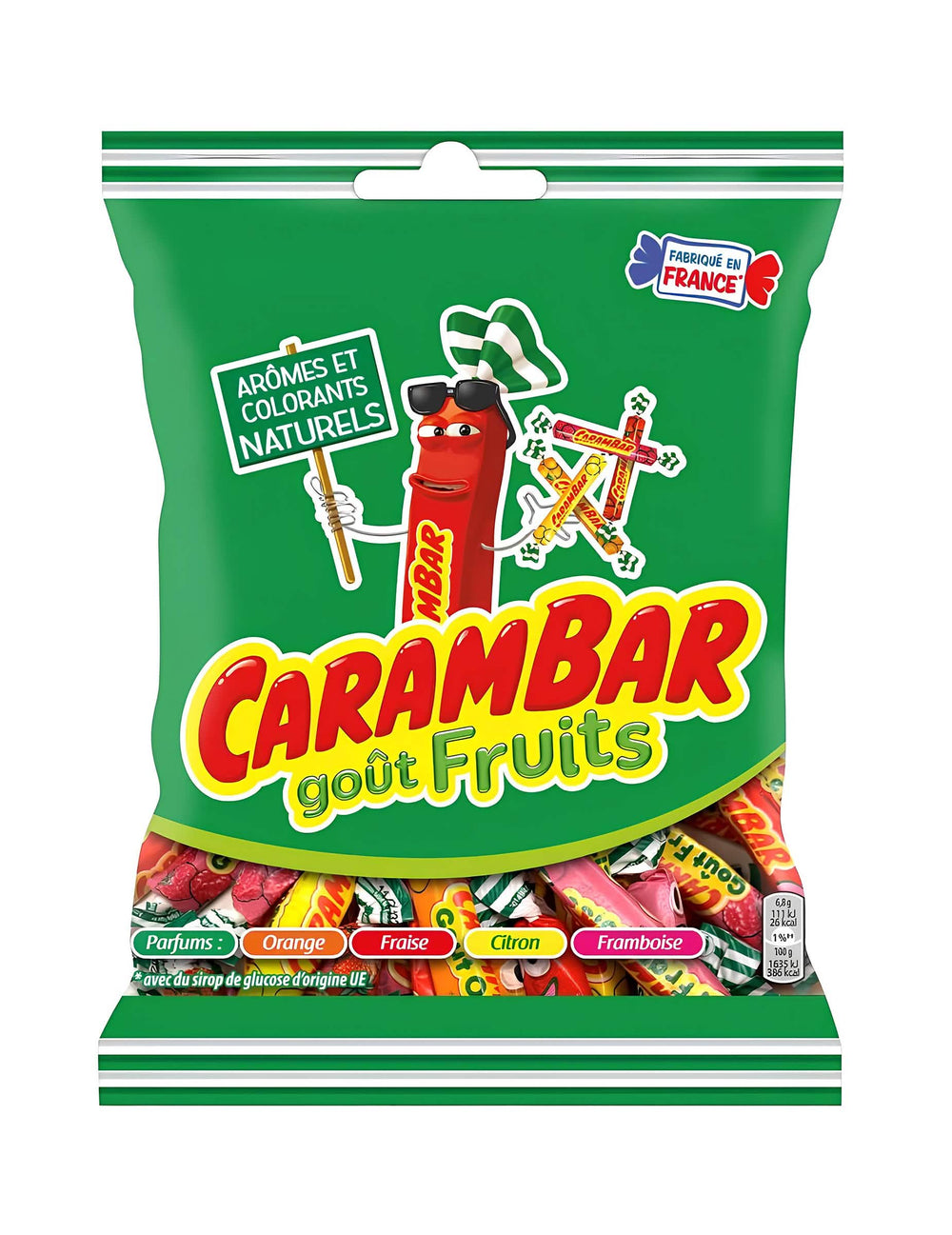 Karkkipussi Carambar hedelmät ja vihannekset lapsille ja aikuisille oranssi-, mansikka-, sitruuna- ja vadelman maulla