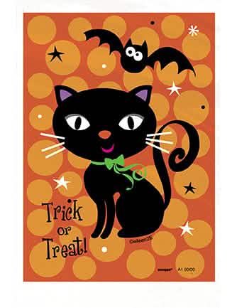 halloween-oranssit Trick or Treat -makeispussit, joissa on musta kissa ja lepakko