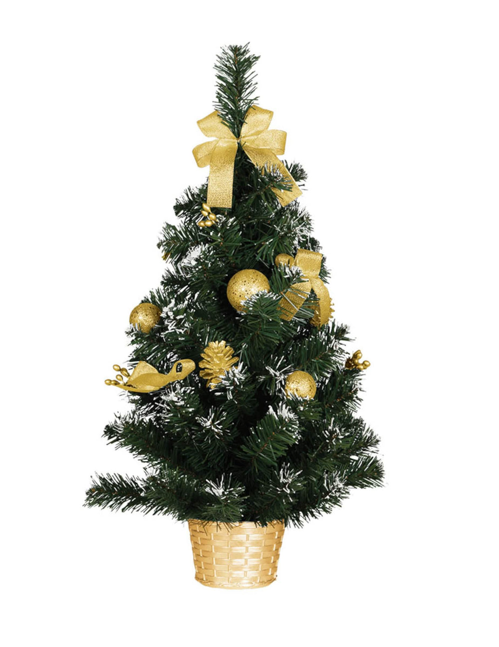 Sapin artificiel sur pied avec décorations dorées pour fête vert enneigé