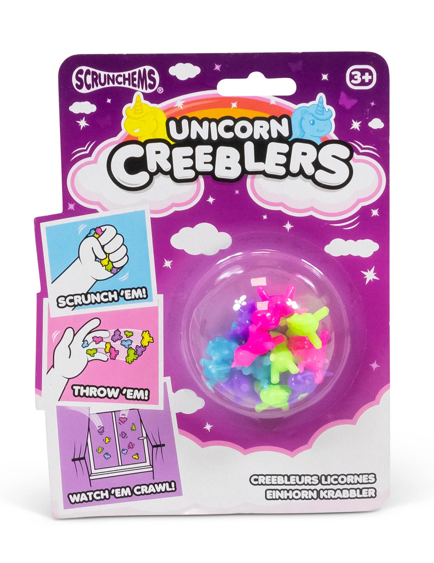 Vue de face de l'emballage des jouets licornes adhérentes Creeblers