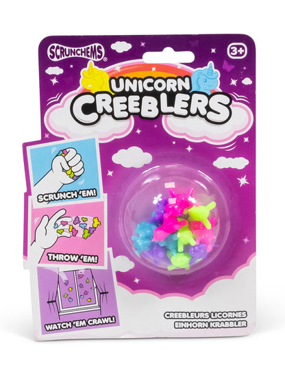 Vue de face de l'emballage des jouets licornes adhérentes Creeblers