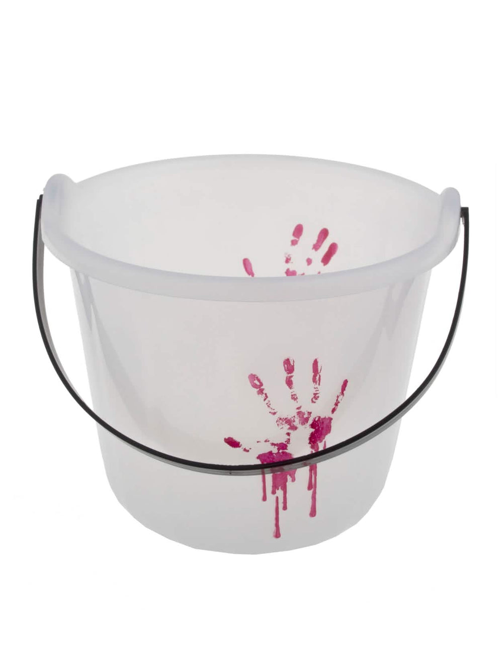 Seau Halloween ensanglanté pour enfant et adulte blanc phosphorescent avec traces de mains rouges