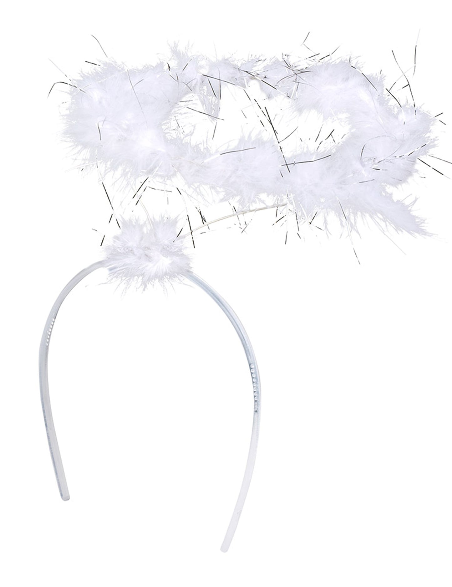 Détail des plumes et des fils argentés du serre-tête auréole d'ange