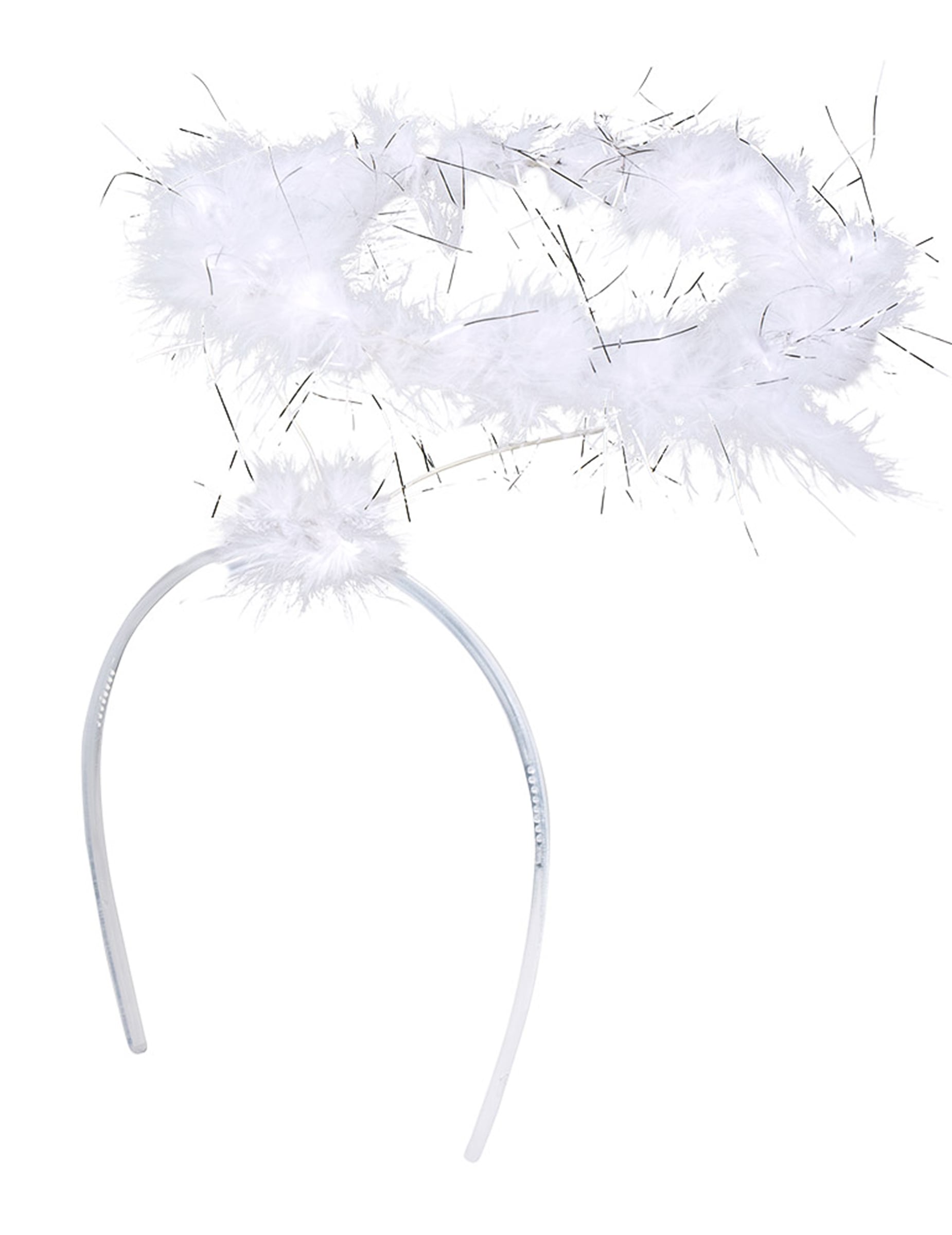 Détail des plumes et des fils argentés du serre-tête auréole d'ange