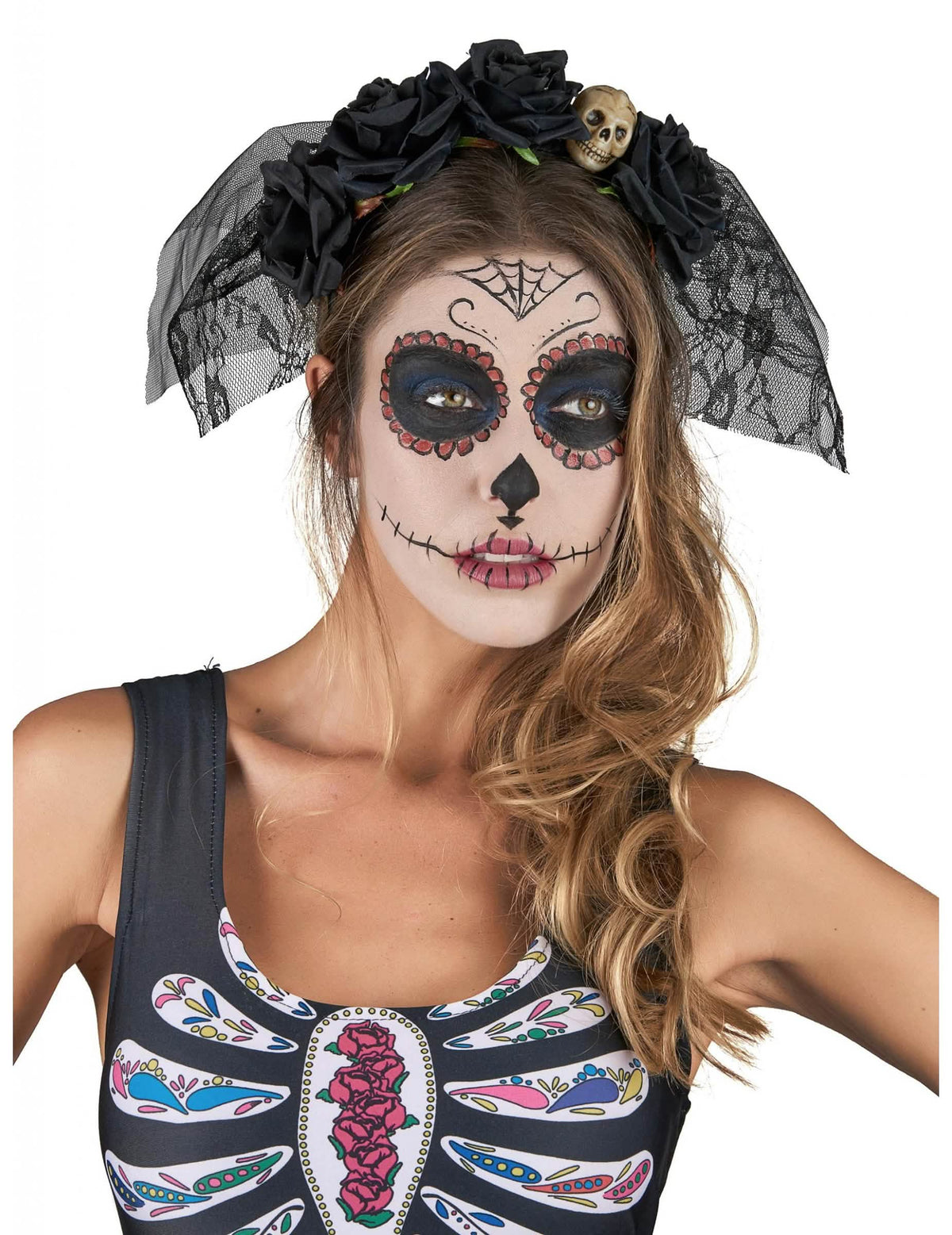 Naisten musta Dia De Los Muertos -panta, jossa on pitsihuntu ja ruusuja
