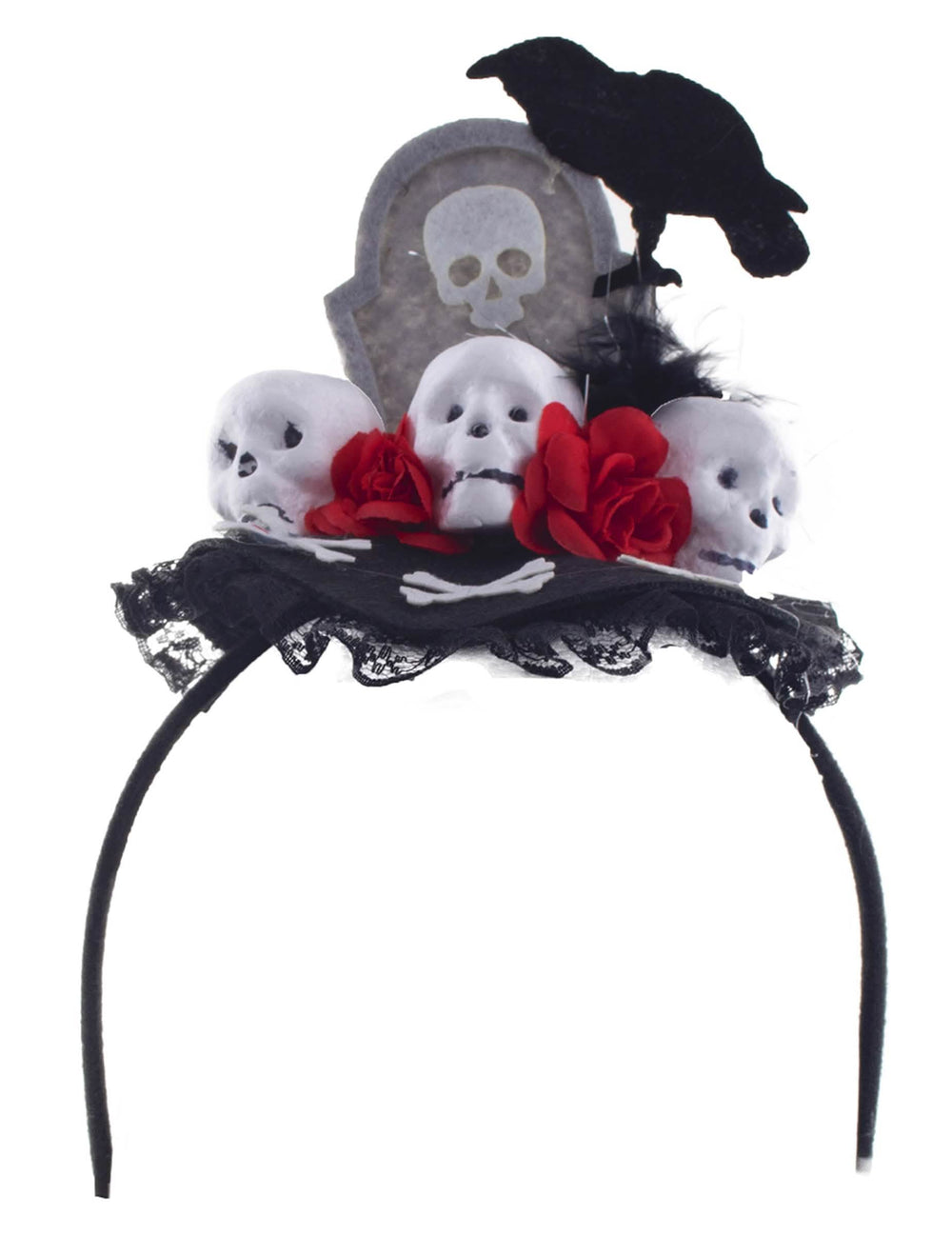 Hiuspanta corbeau dìa de los muertos naisille musta, jossa on kalloja ja punaisia ruusuja