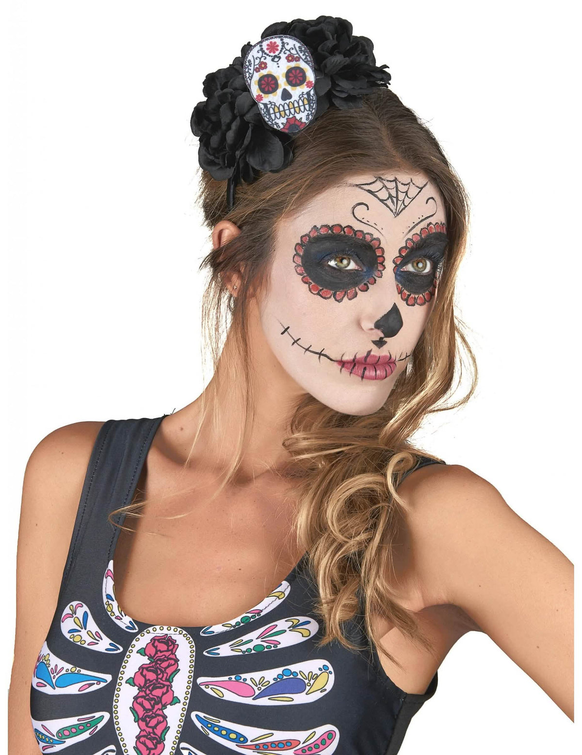 Pääpanta, pääkallo Dia De Los Muertos aikuiset monivärinen mustilla kukilla
