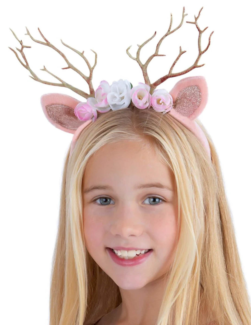 Serre-tête renne pour fille rose gold avec fleurs roses et blanches