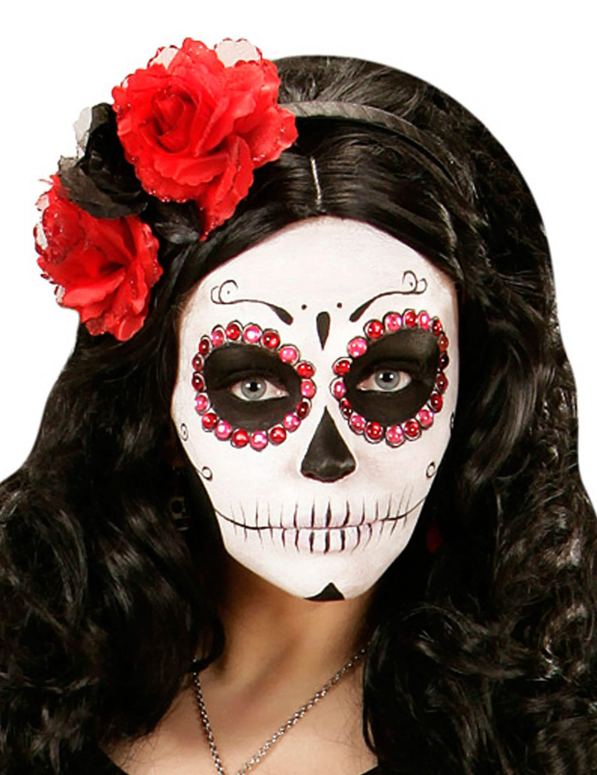 Panta Dia de los muertos naiset punaisilla ja mustilla kukilla