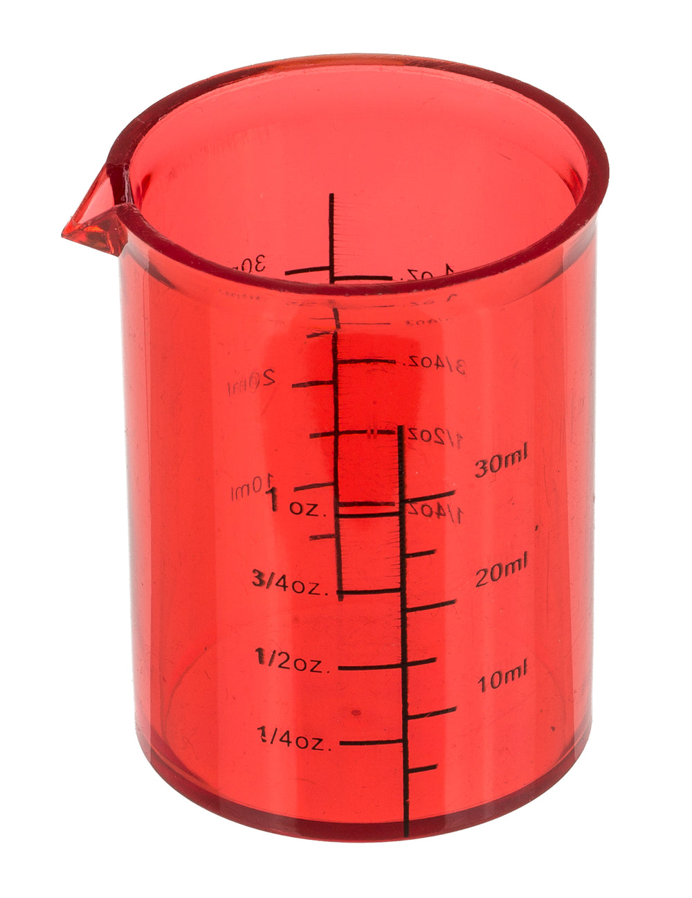 Vue de face du verre rouge gradué du set de 4 verres shooters chimiste