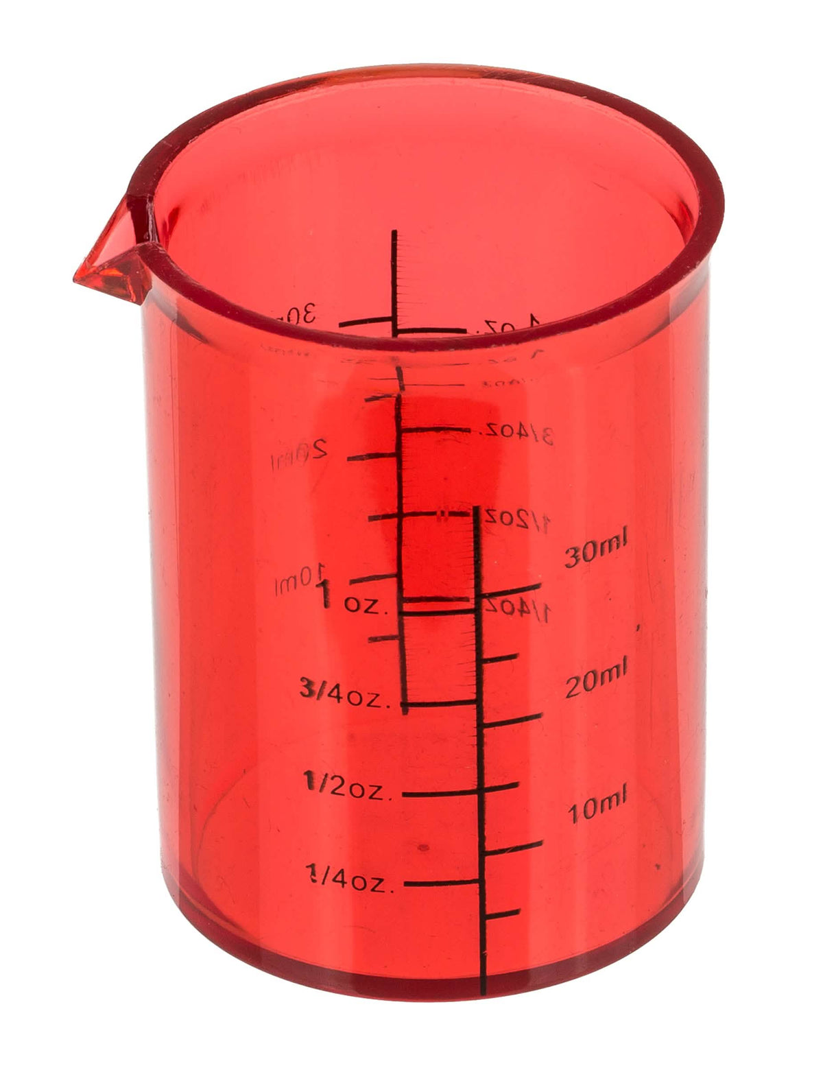 Vue de face du verre rouge gradué du set de 4 verres shooters chimiste