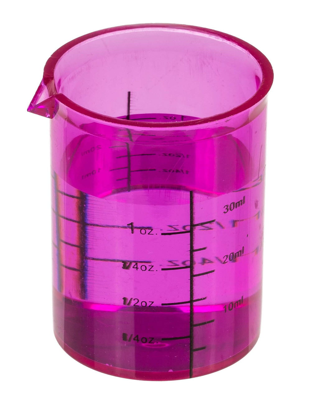 Détail du verre rose gradué du set de 4 verres shooters chimiste