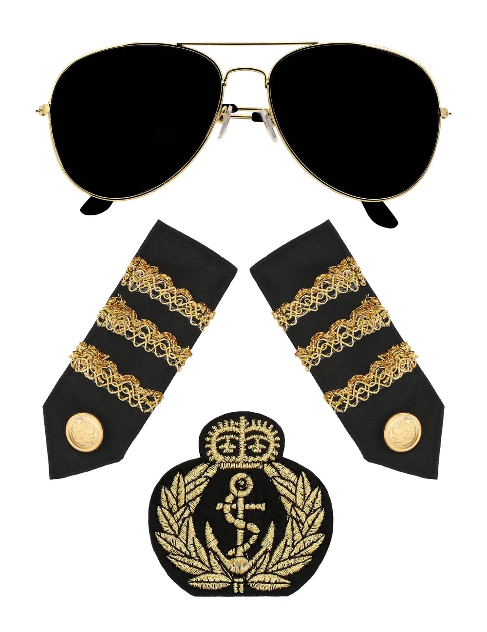 Vue d'ensemble des composants du set accessoires capitaine pour adulte