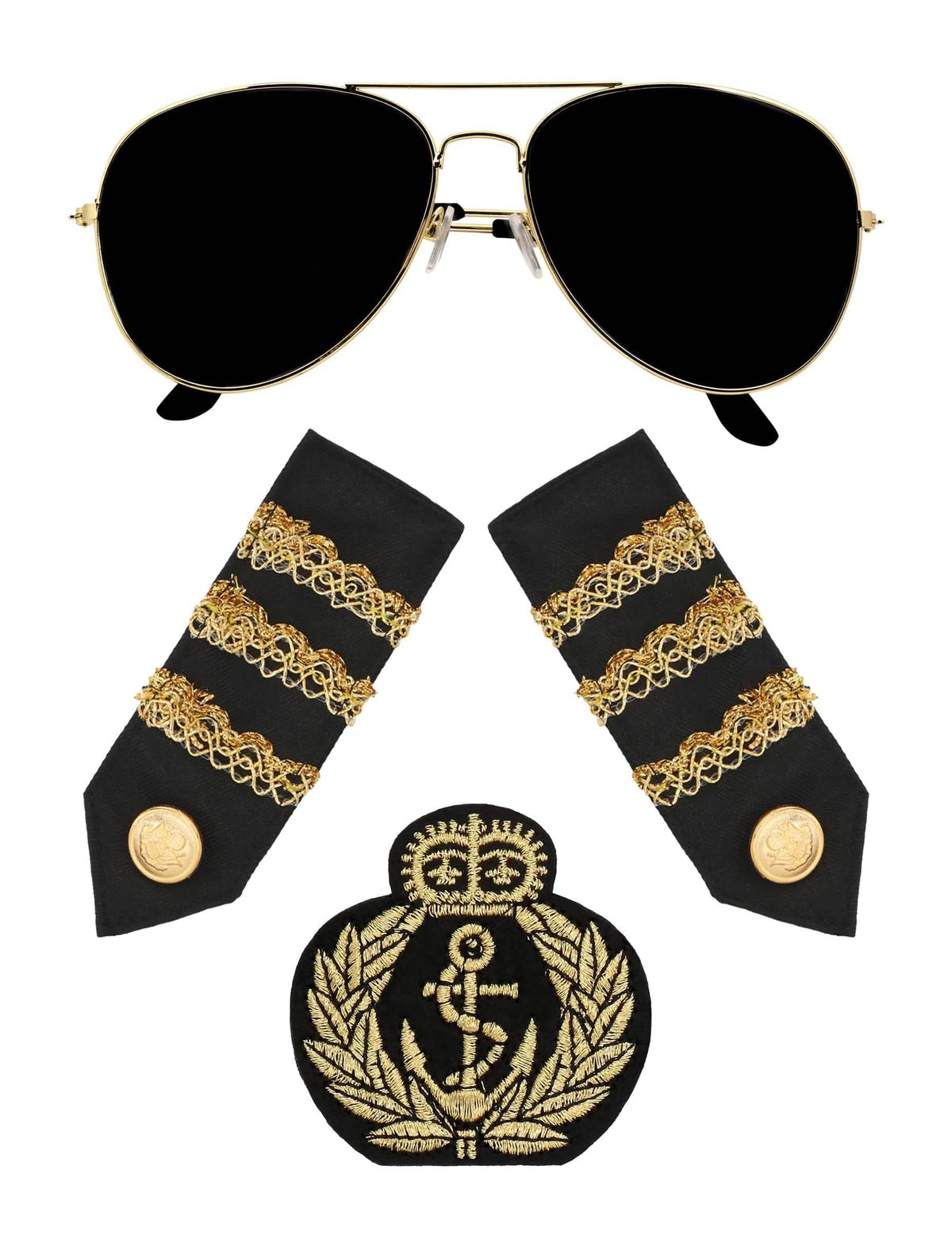 Vue d'ensemble des composants du set accessoires capitaine pour adulte