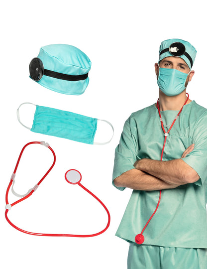 Set accessoires docteur pour adulte bleu turquoise et rouge avec stéthoscope et miroir frontal