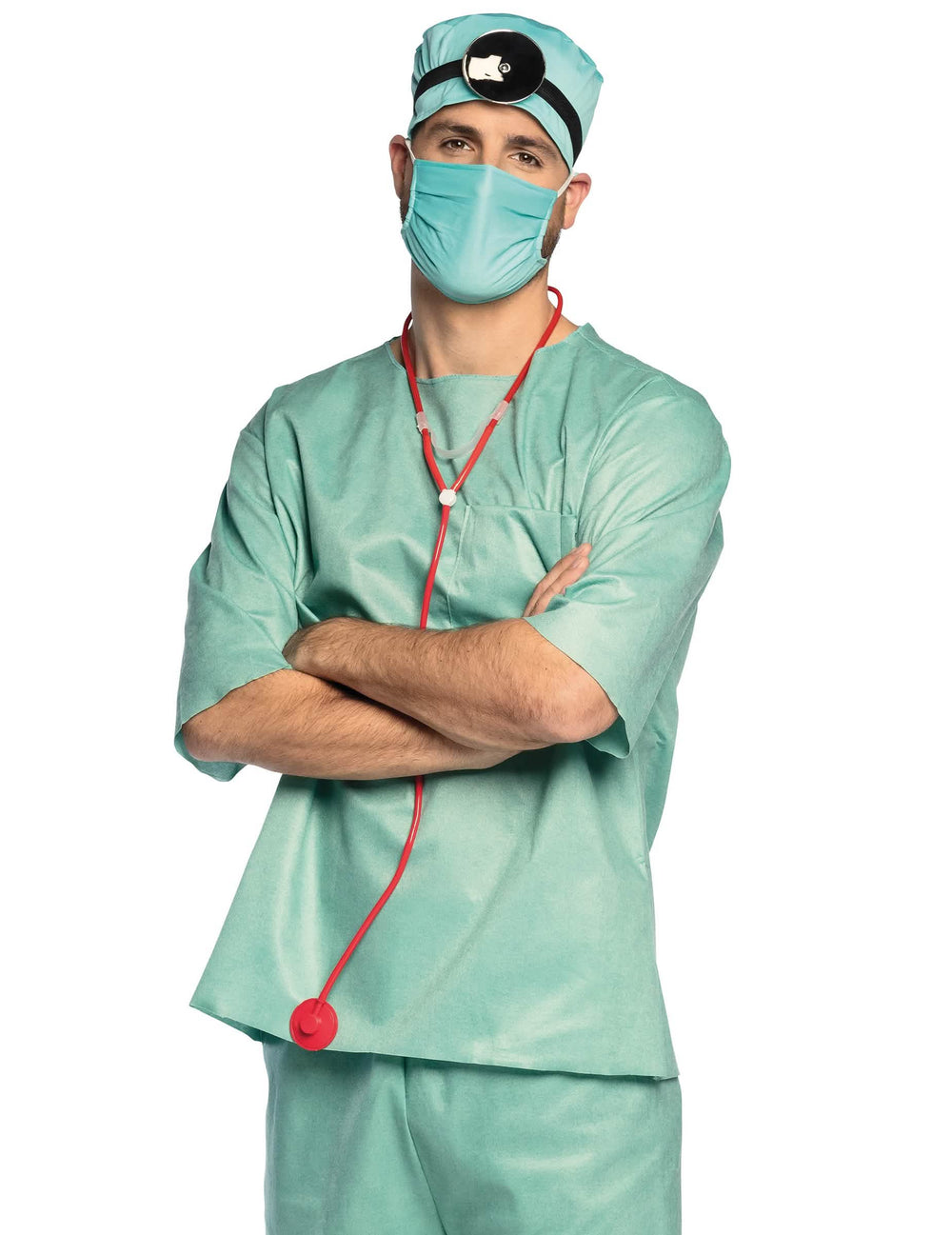 Set accessoires docteur pour adulte vert avec masque et stéthoscope rouge