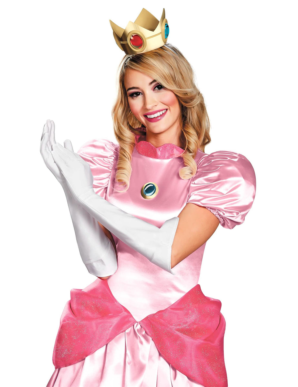 Prinsessa Peach -asusteet aikuiset vaaleanpunainen kruunulla ja valkoisilla hanskat ja käsineet