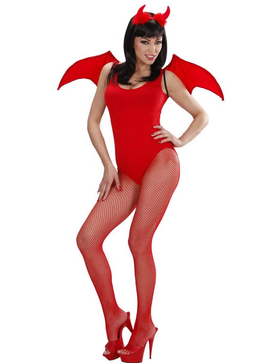Punainen halloween-paholaisasu naisille, jossa on siivet ja sarvet