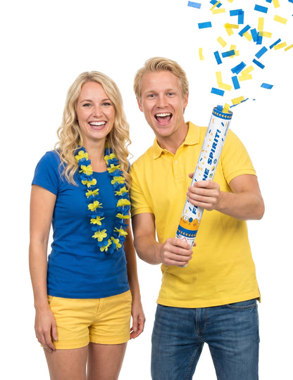Set du supporter Suède avec collier Hawaï et canon à confettis pour adulte bleu et jaune