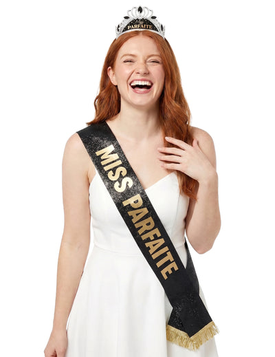 Setti huivi ja diadeemi Miss Parfaite naisille musta ja kulta