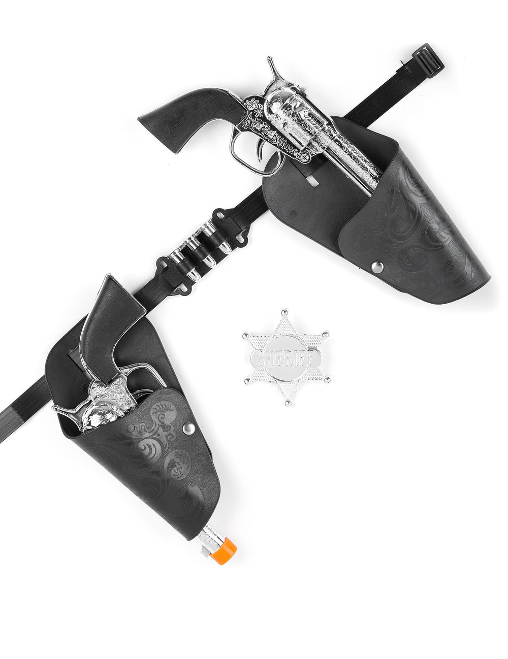 Set de revolvers cowboy pour enfant noir et argent avec ceinture et étoile de shérif