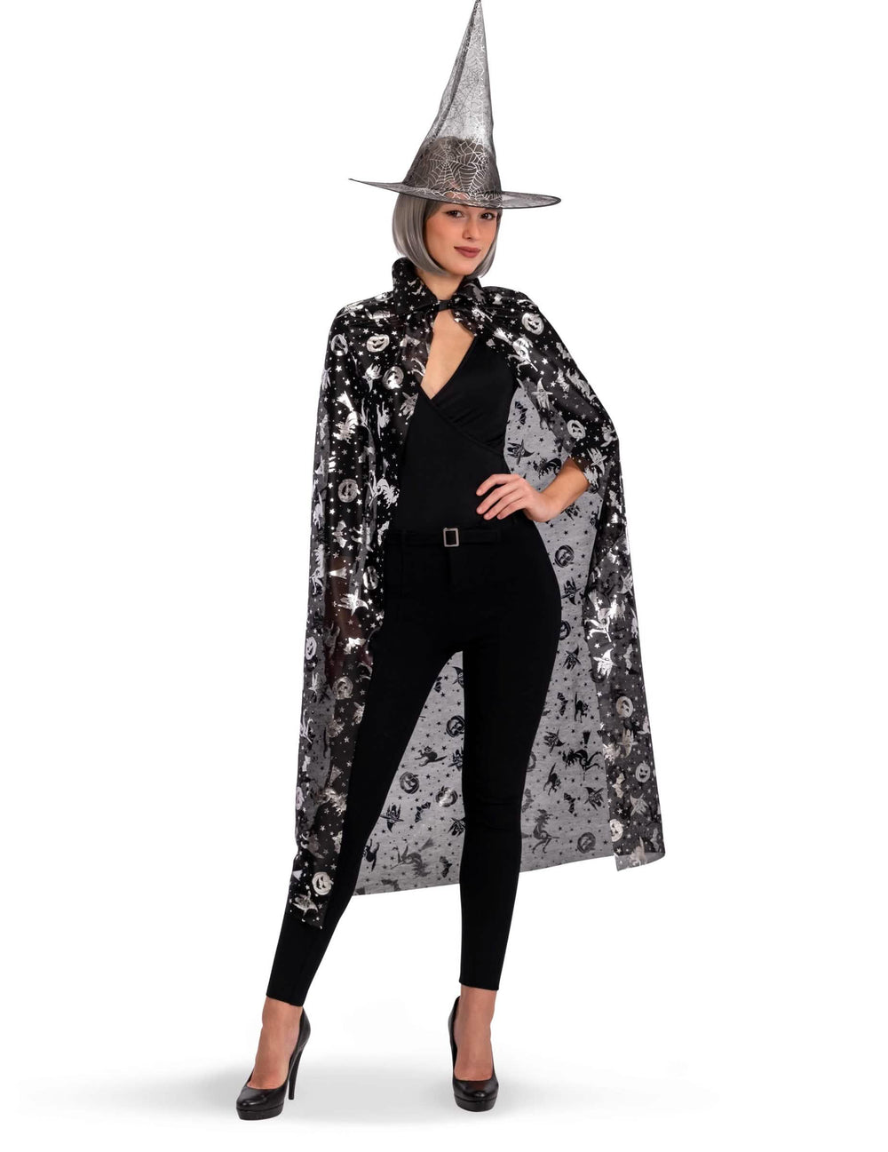 Set de sorcière chapeau et cape pour femme noir et argent