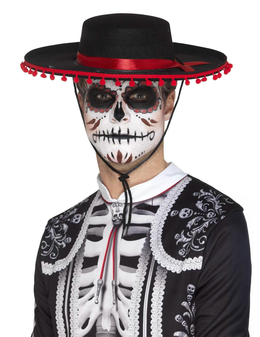 Sombrero Dia de los Muertos aikuisille musta, jossa on punainen nauha ja punaiset huiskat