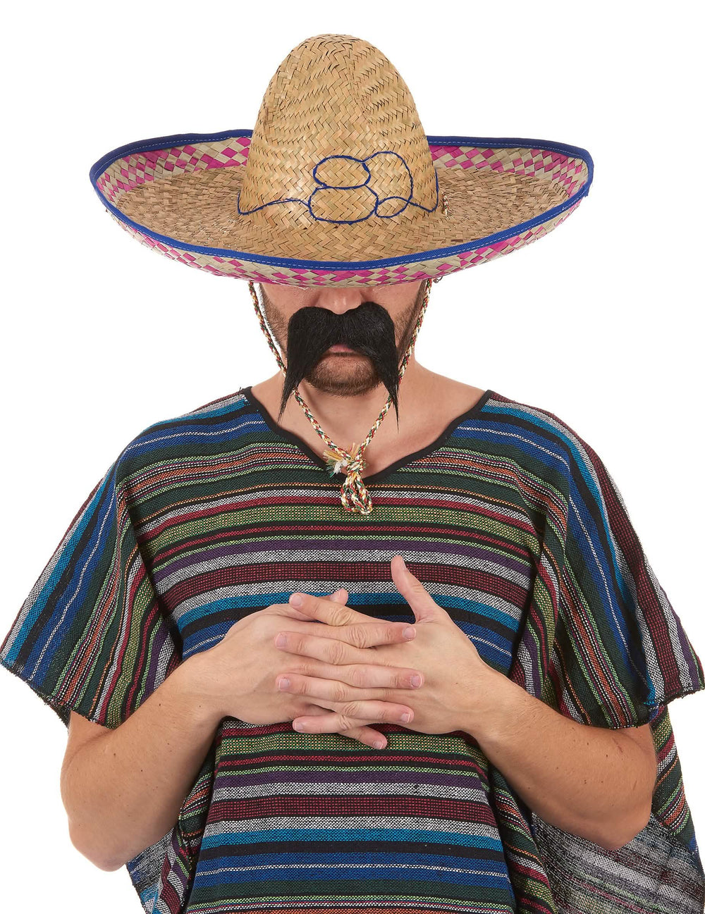 Sombrero mexicain pour adulte en paille avec bordure bleue et rose