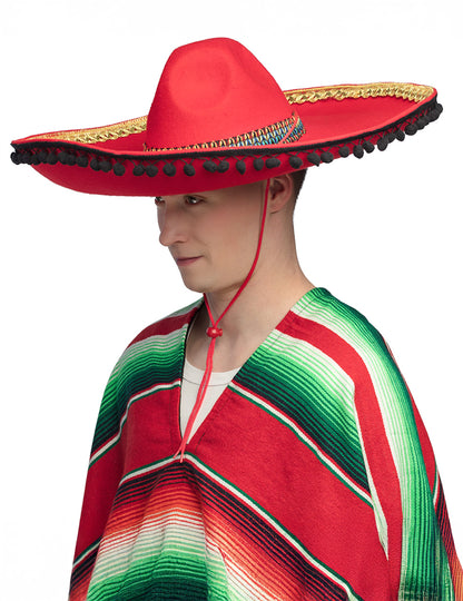 Vue de profil du sombrero mexicain pour adulte rouge à pompons deluxe