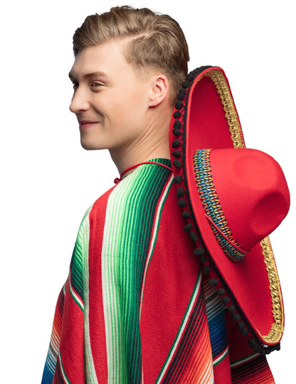 Vue de dos du sombrero mexicain pour adulte rouge à pompons deluxe