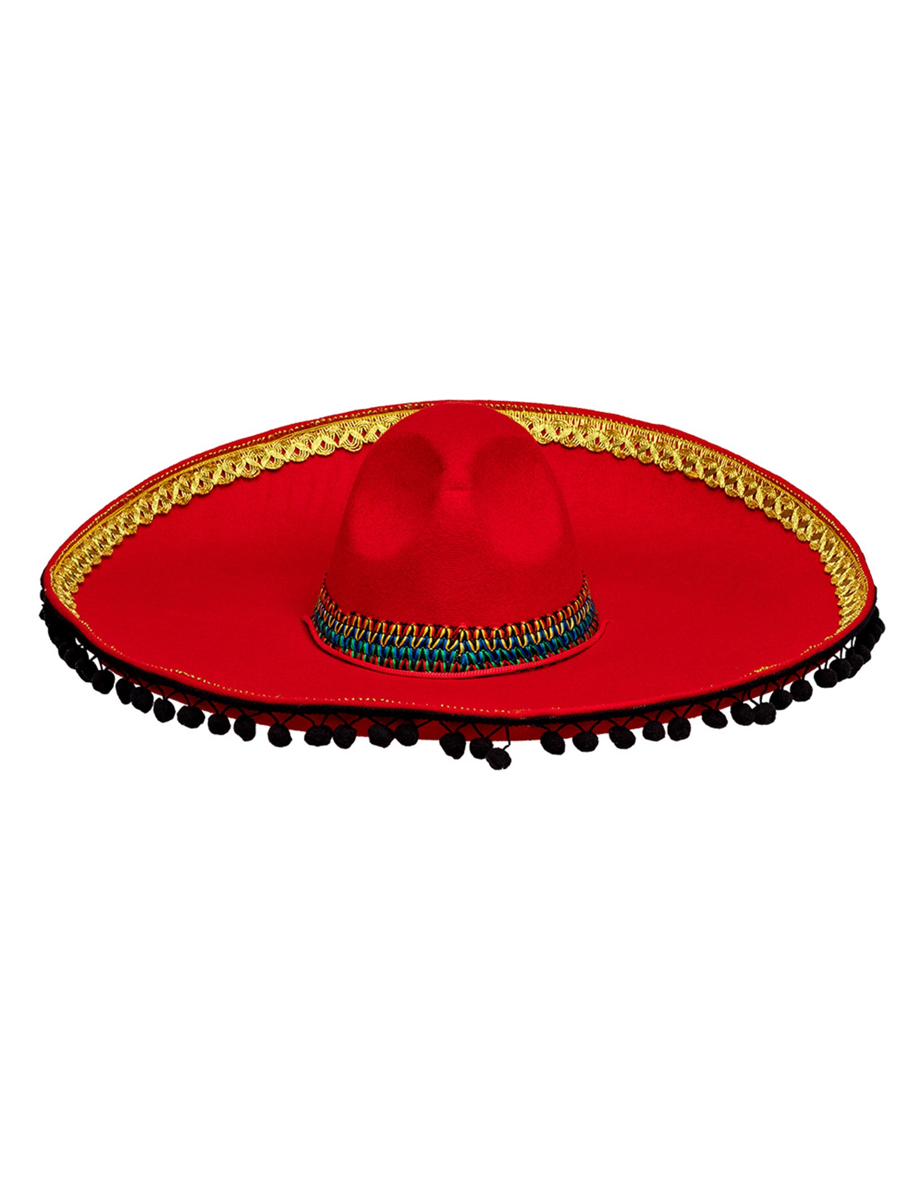 Sombrero mexicain deluxe pour adulte rouge à pompons noirs et dorés