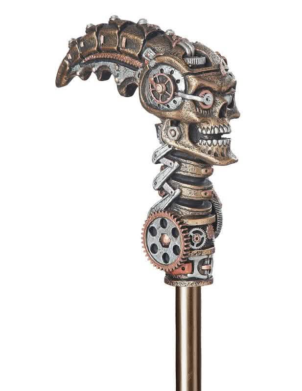 Mekaanisen pääkallokoristeisen Steampunk-sauvan nupin yksityiskohta