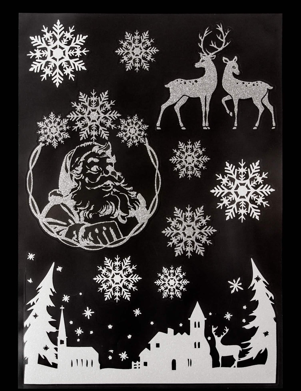 Stickers pour vitre village de noël et flocons pour décoration argentés pailletés