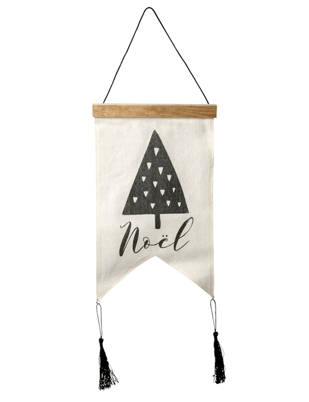Tenture en lin noël graphique pour décoration blanc et noir avec pompons