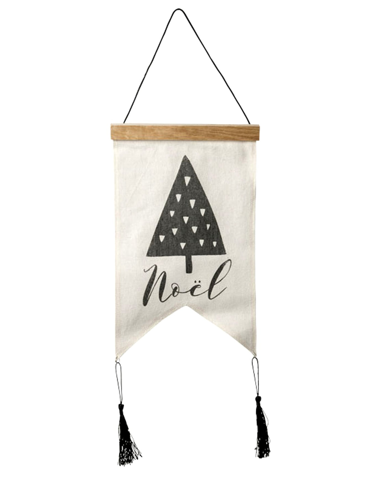 Tenture en lin noël graphique pour décoration blanc et noir avec pompons