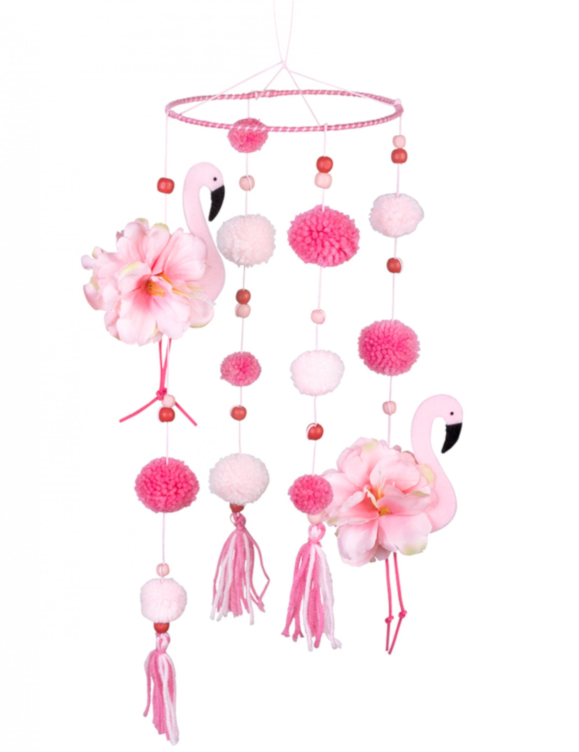 Suspension flamant rose pour décoration avec pompons roses